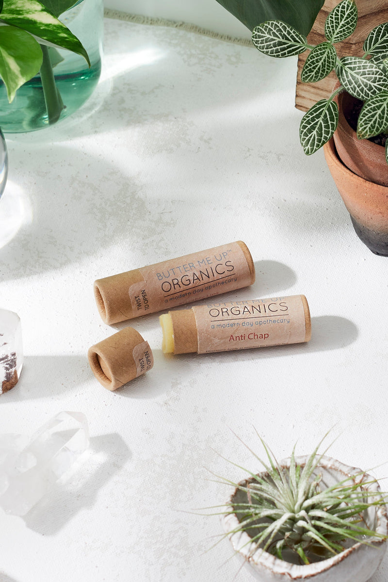 Organic Anti-Chap Lip Balm in eco-friendly recycled paperboard tube with plants in the background.