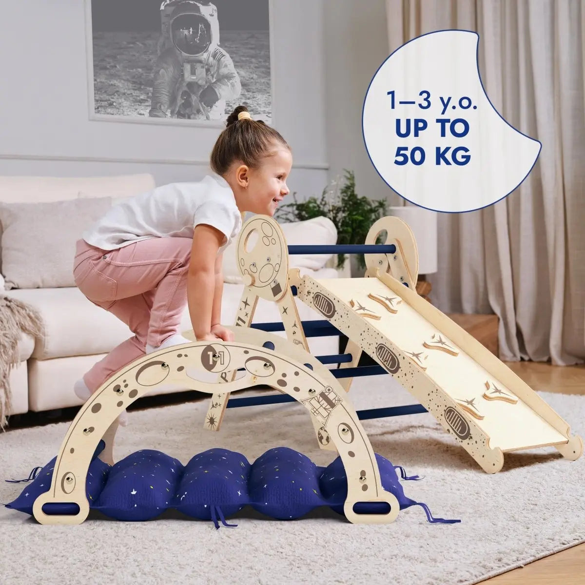 Apollo 4in1 Climbing Set Pikler Triangle Arch Slide Board and Cushion for Little Toddlers Astronauts Ages 1 to 3 Goodevas Everetts Place: Online Boutique