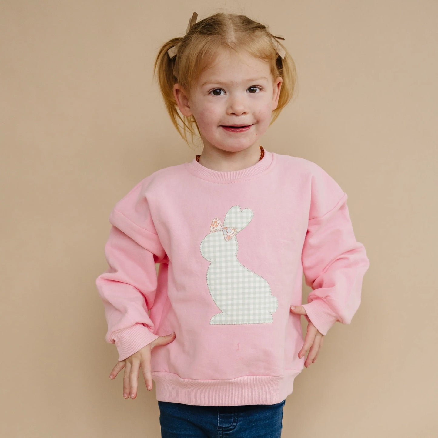 Little Joy Co. Applique Bunny Embroidered Bow Crewneck Sweatshirt - Apparel & Accessories > Clothing > Baby & Toddler Clothing > Baby & Toddler Tops > Sweatshirts