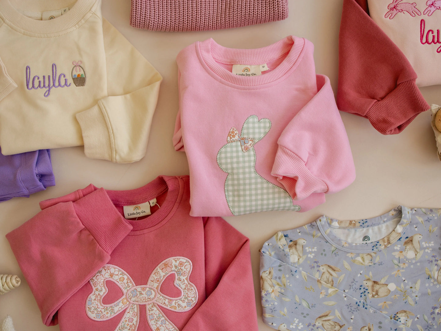 Little Joy Co. Applique Bunny Embroidered Bow Crewneck Sweatshirt - Apparel & Accessories > Clothing > Baby & Toddler Clothing > Baby & Toddler Tops > Sweatshirts