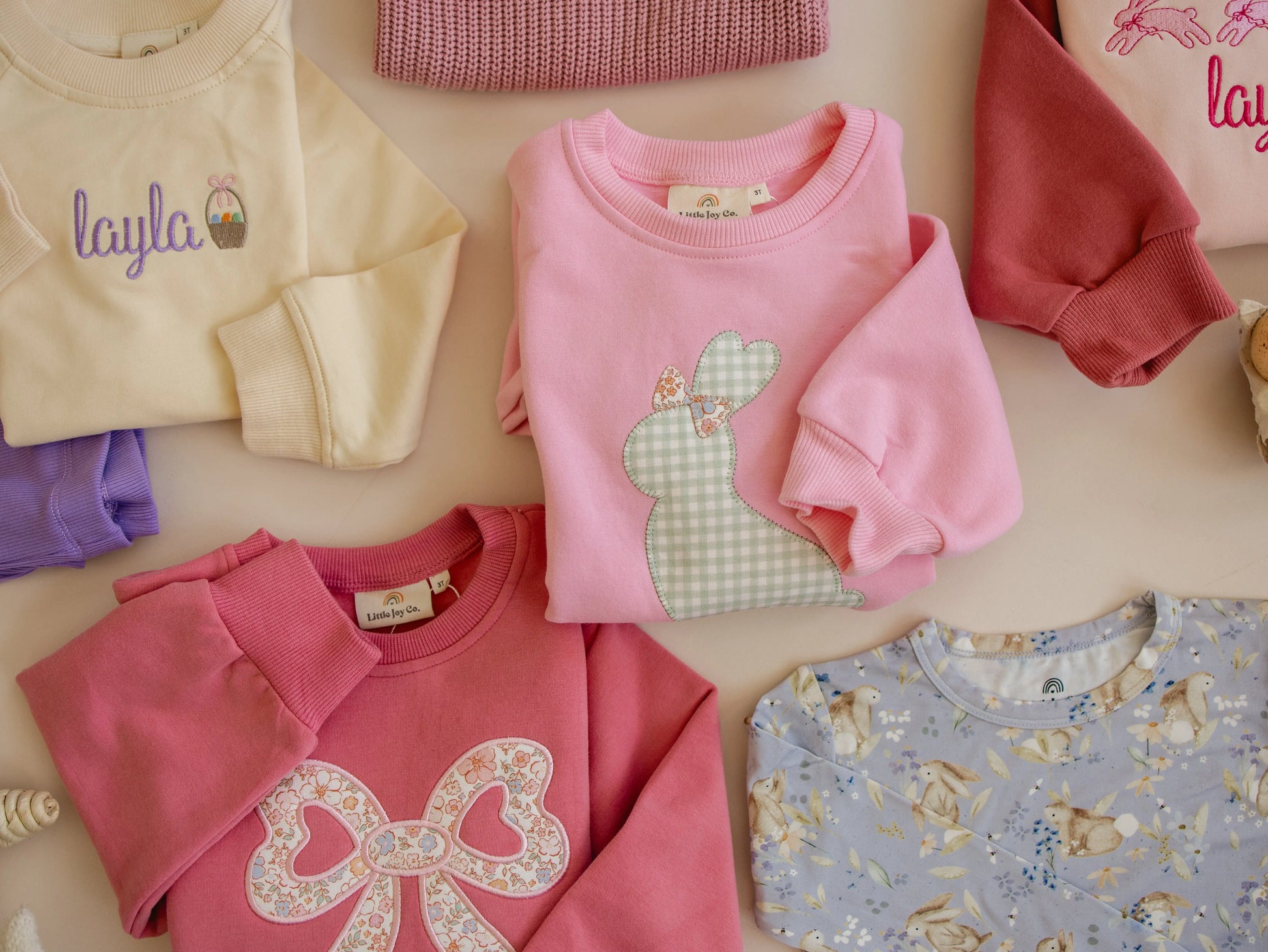 Little Joy Co. Applique Bunny Embroidered Bow Crewneck Sweatshirt - Apparel & Accessories > Clothing > Baby & Toddler Clothing > Baby & Toddler Tops > Sweatshirts