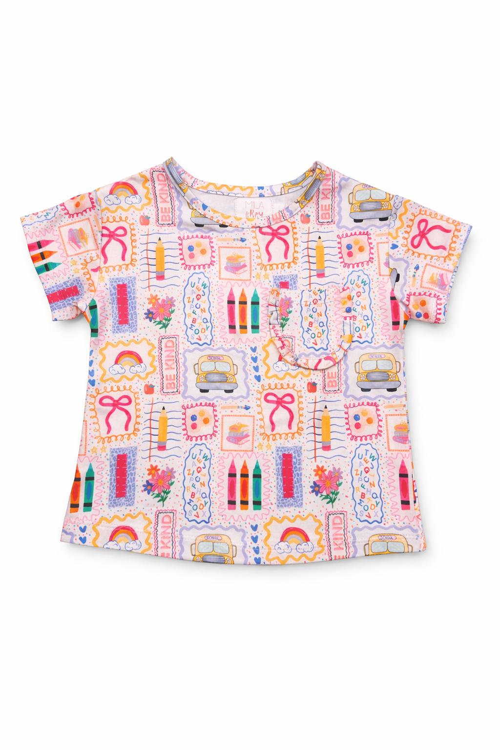 Girls' ruffle pocket tee with a boxy, slightly cropped fit and short sleeves