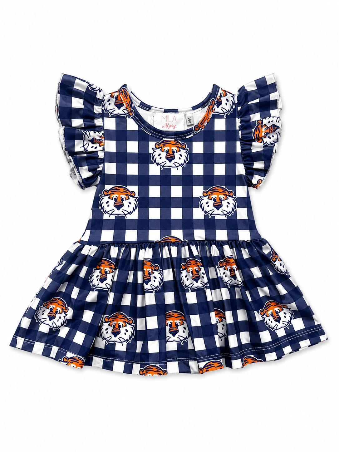 Auburn plaid short-sleeve flutter twirl bodysuit with Aubie tiger design for baby girls