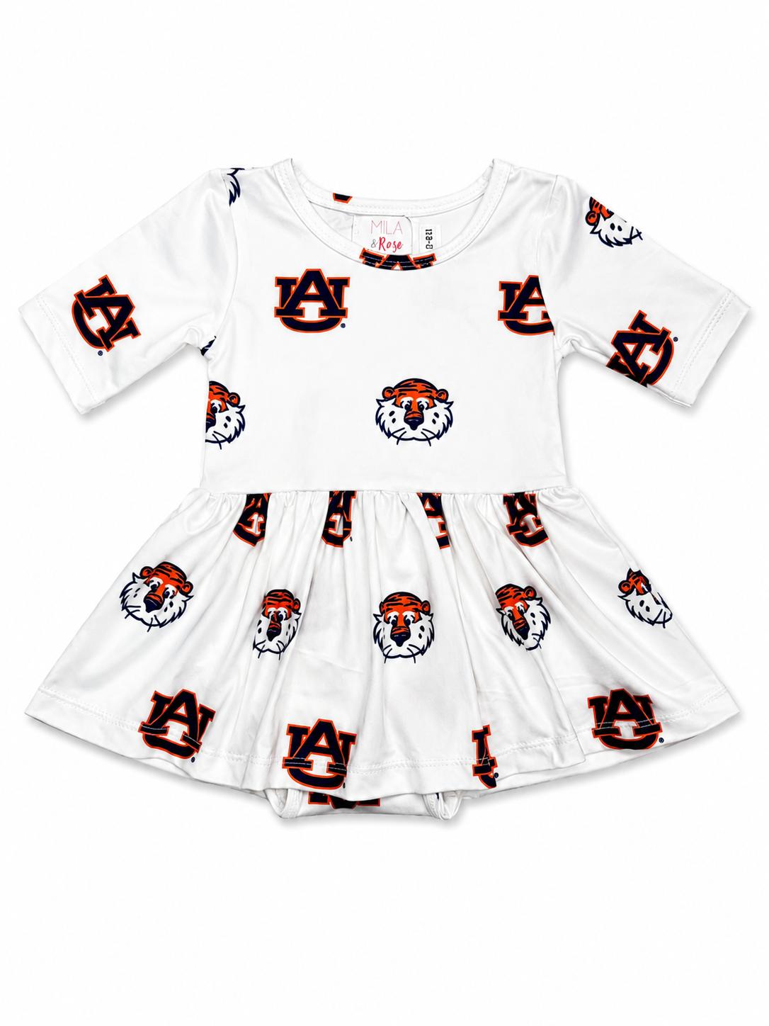 White Auburn twirl bodysuit with 3/4 sleeves and Aubie tiger graphic for little girls