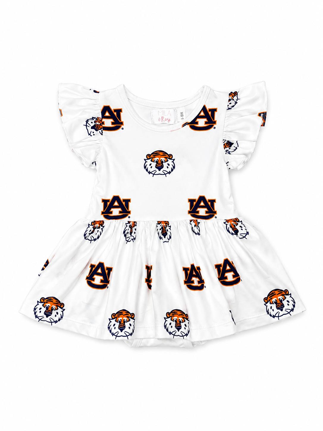 White short-sleeve flutter twirl bodysuit with Auburn Aubie Tiger design and a full twirl skirt