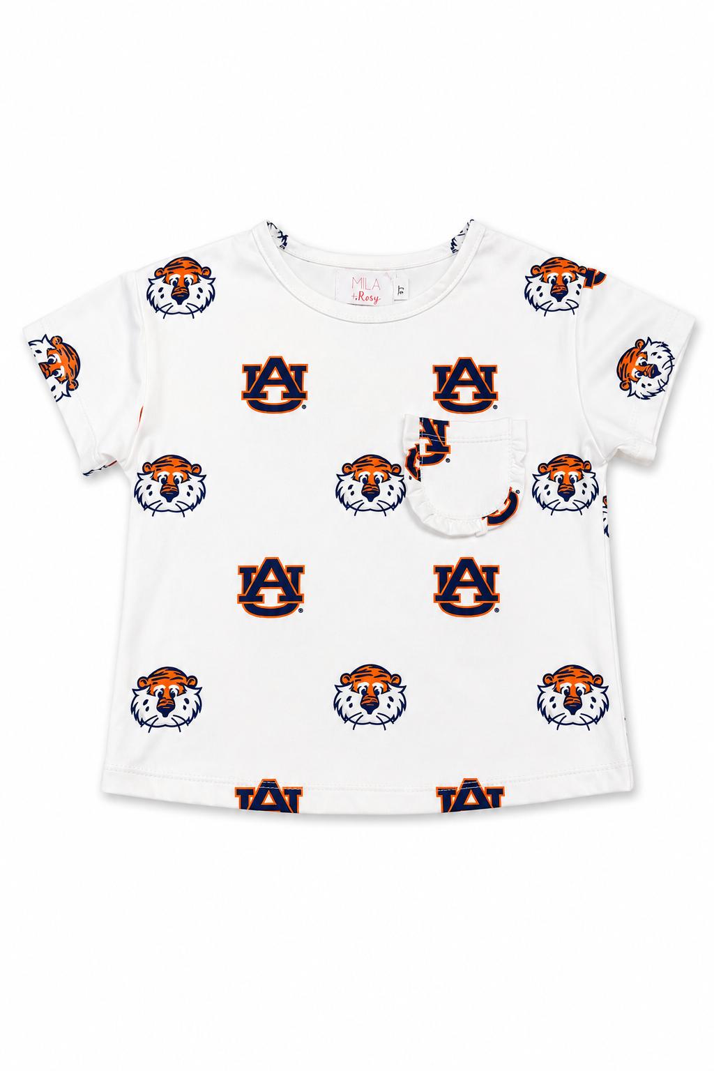White short-sleeve Auburn Tigers tee with Aubie graphic and a ruffle-trimmed chest pocket