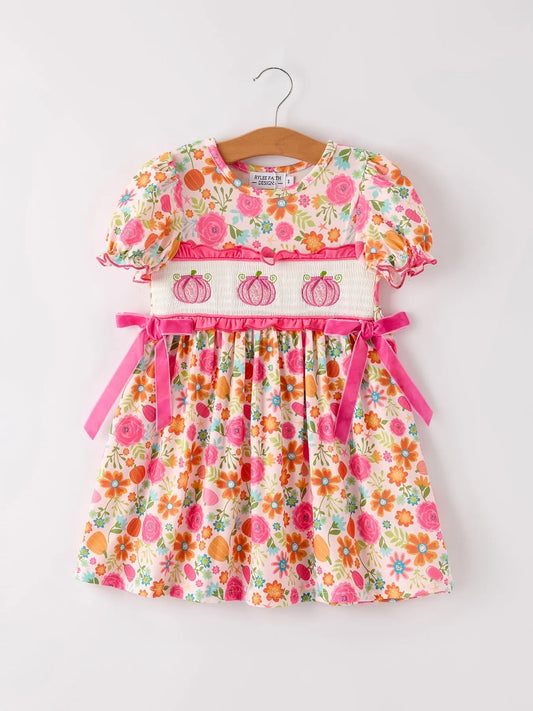 Autumn Halloween Thanksgiving Pumpkin Embroidery Smock Floral Girls Dress Rylee Faith Designs Everetts Place: Online Boutique