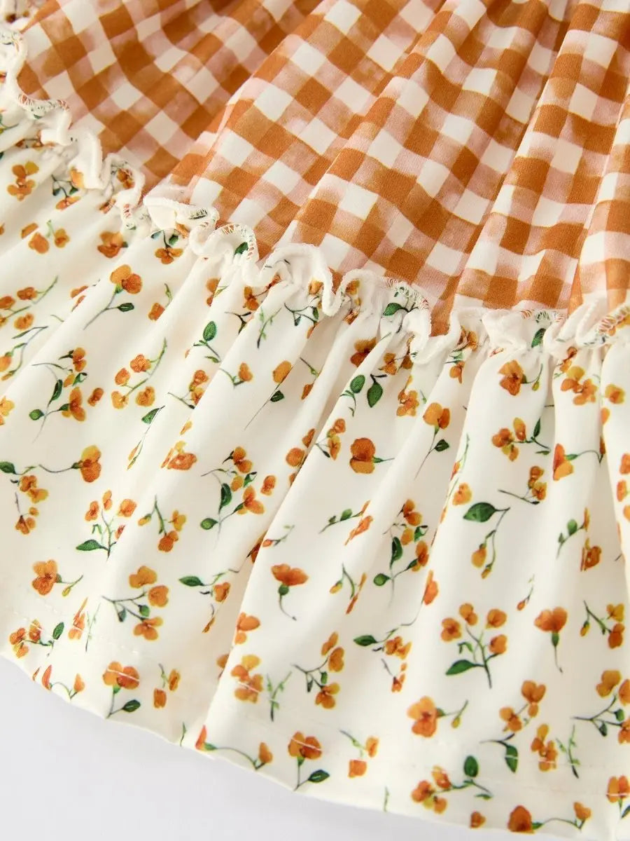 Rylee Faith Designs Autumn Patchwork Floral & Plaid Long Sleeve Girls Dress - 