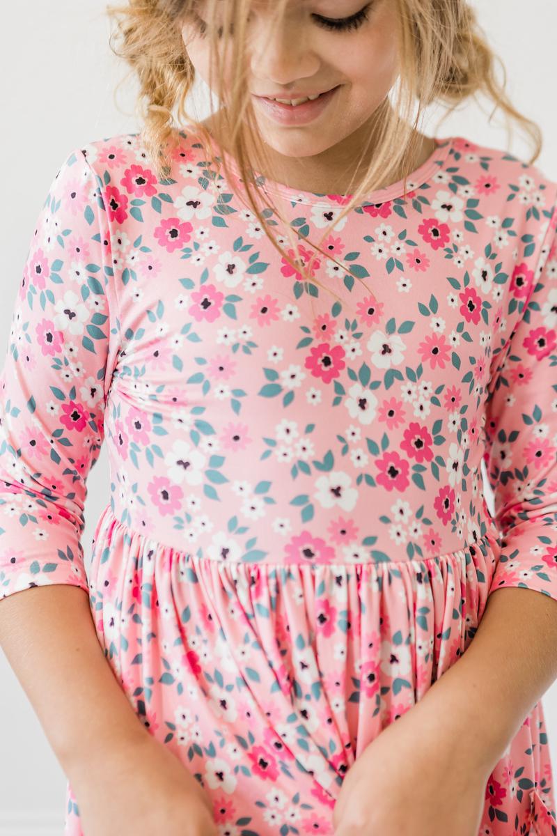 Mila & Rose ® Azalea Three Fourth Sleeve Pocket Twirl Dress For Girls - Everetts Place Boutique - 