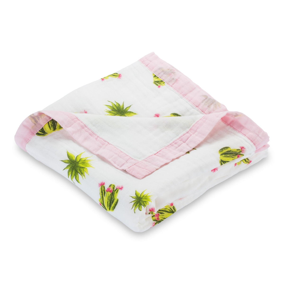 Six-layer cotton muslin baby quilt in a succulent print with whimsical desert plants on a light background