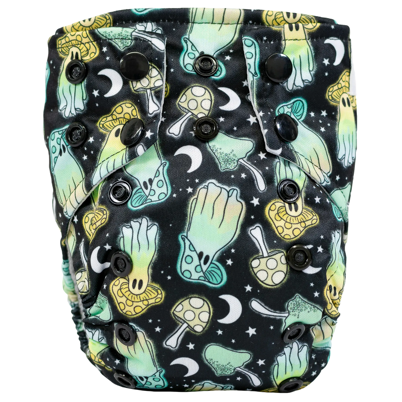 Tiny Tushies Newborn AIO Cloth Diaper with spooky print and snaps.