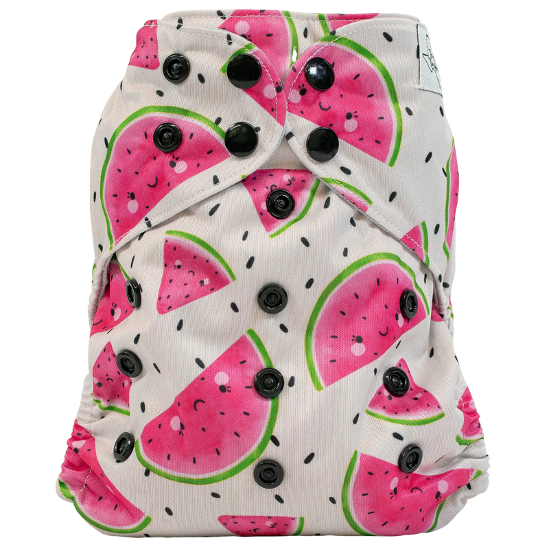 Slim fit pocket cloth diaper with watermelon print and adjustable snaps.