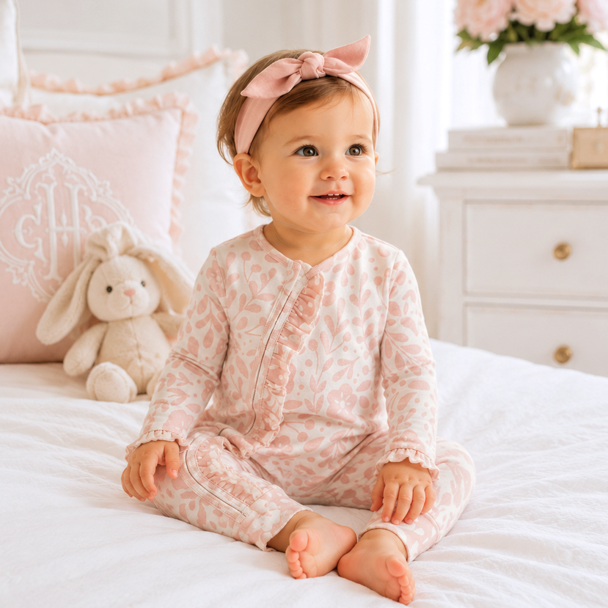 Cotton Romper, Floral, Ruffle Trim, Zip-Front