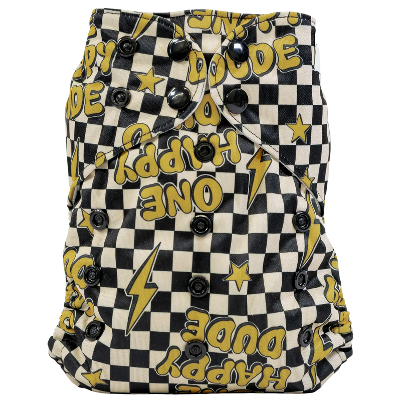 Slim Fit Pocket Cloth Diaper with black and white checkered design featuring yellow text and stars.