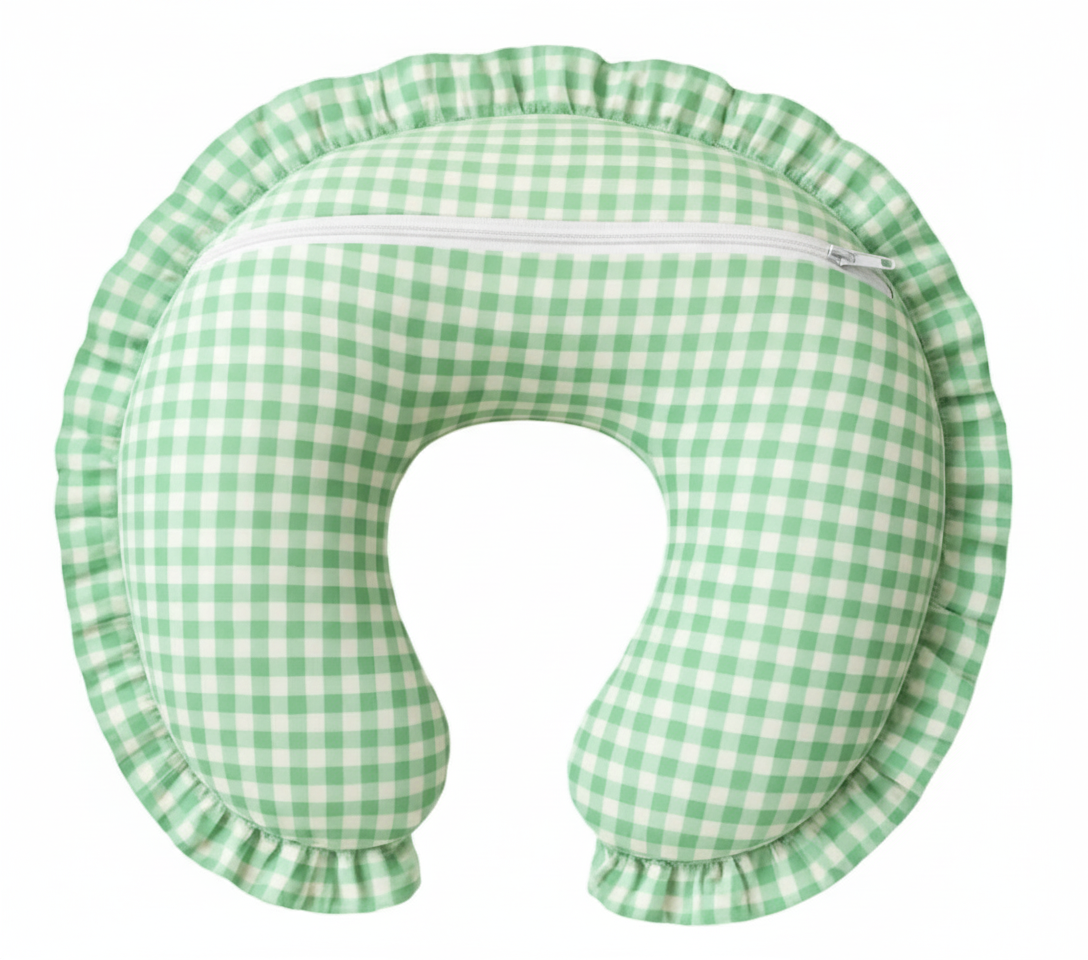 Green gingham ruffle nursing pillow cover by Little Mae & Co on a white background