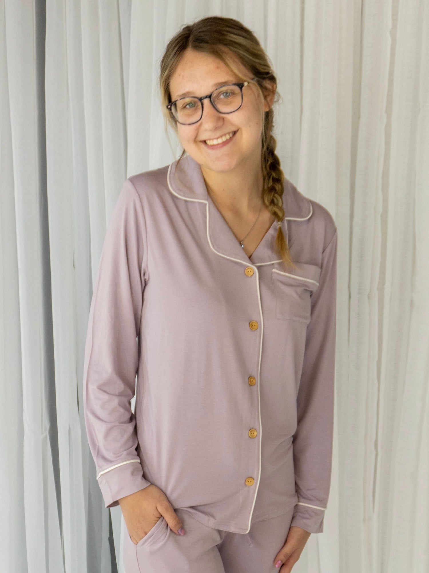 Mauve button-up pajama top with a collar and long sleeves in a relaxed fit