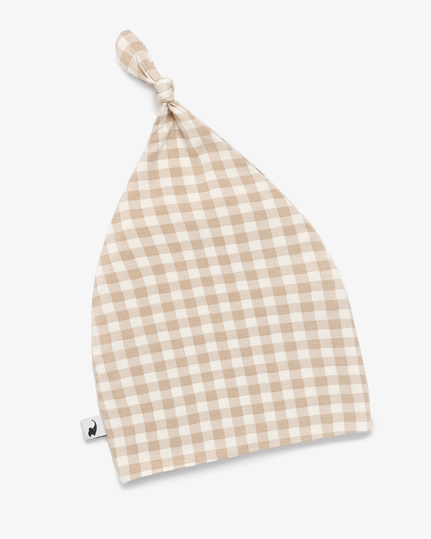 Knotted baby hat in a multi-colored gingham print with a top knot.