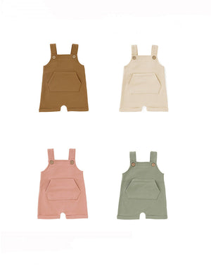 French terry baby overall with front pocket and shoulder buttons, sleeveless gender-neutral styling.
