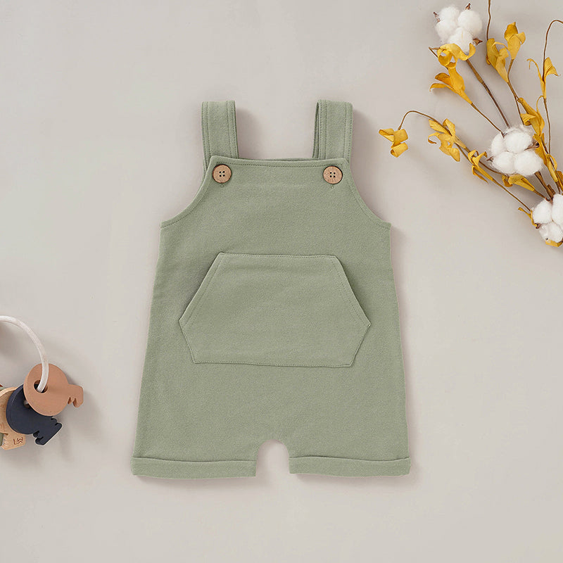 French Terry Baby Overall with front pocket and buttons, made from organic cotton and spandex.