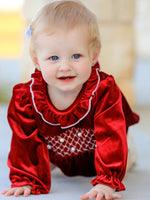 Christmas Velvet Smocked Baby Bubble Romper with Pearl Detail by Rylee Faith Designs