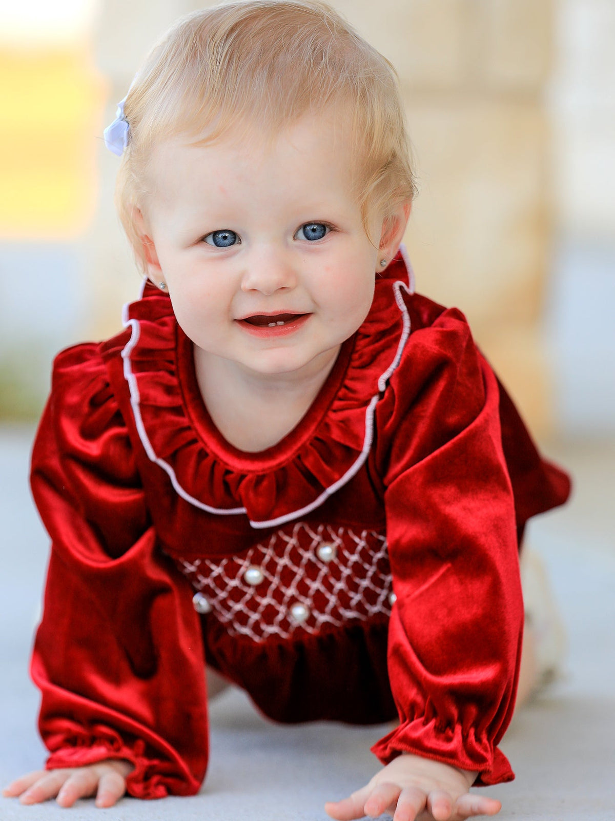 Christmas Velvet Smocked Baby Bubble Romper with Pearl Detail by Rylee Faith Designs