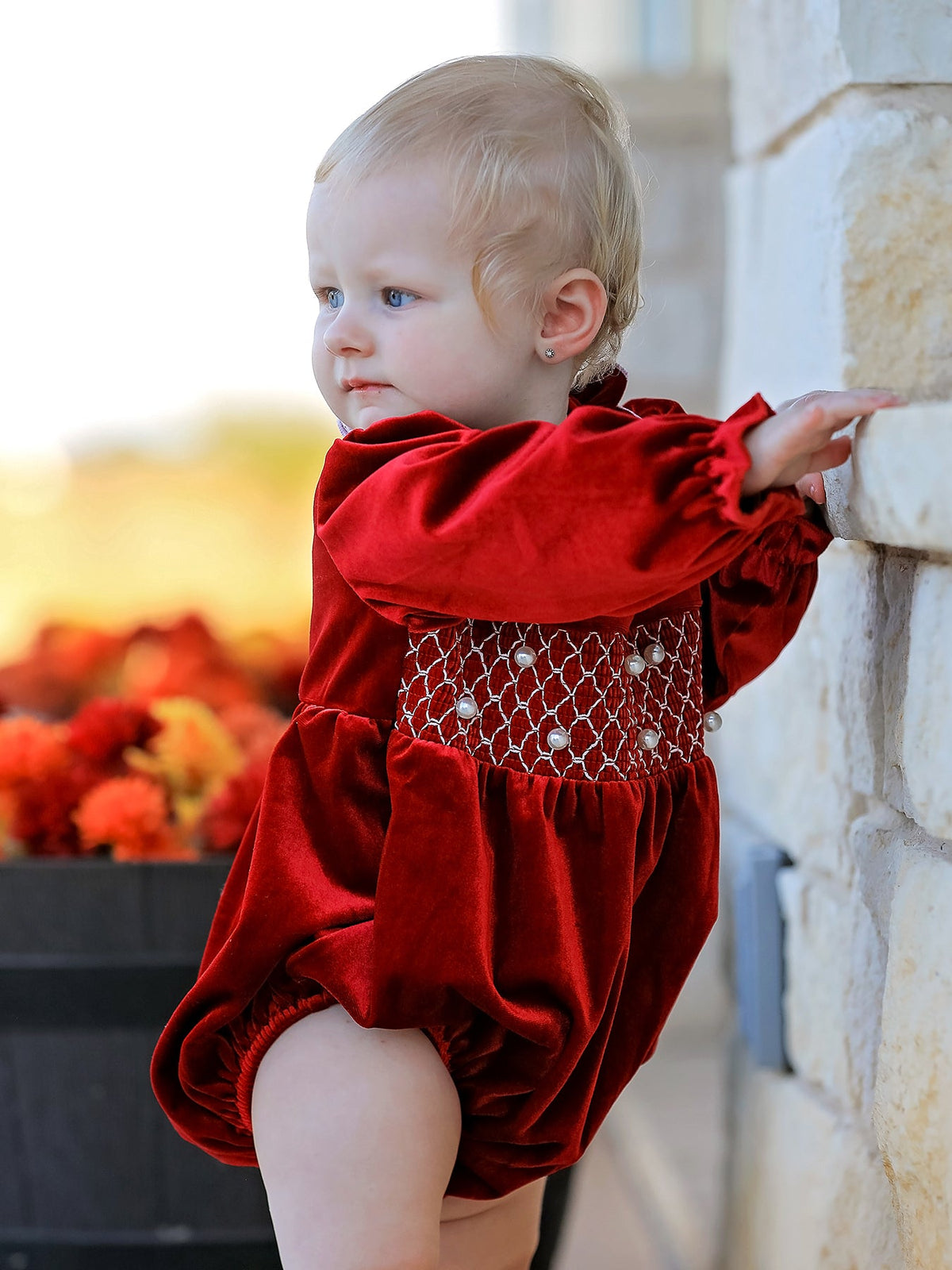 Christmas Velvet Smocked Baby Bubble Romper with Pearl Detail by Rylee Faith Designs