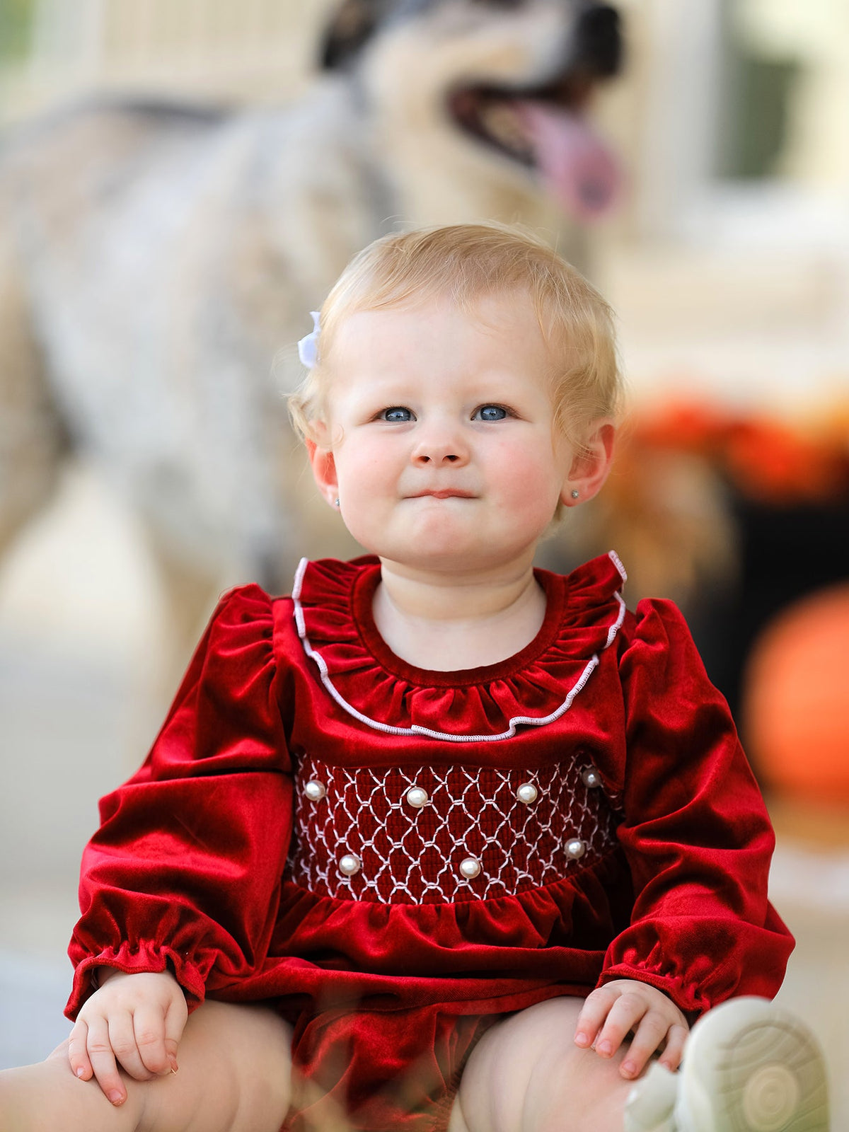 Christmas Velvet Smocked Baby Bubble Romper with Pearl Detail by Rylee Faith Designs