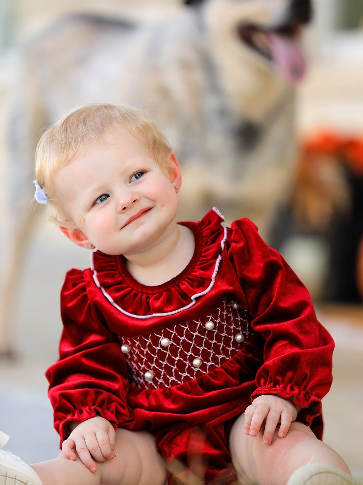 Christmas Velvet Smocked Baby Bubble Romper with Pearl Detail by Rylee Faith Designs