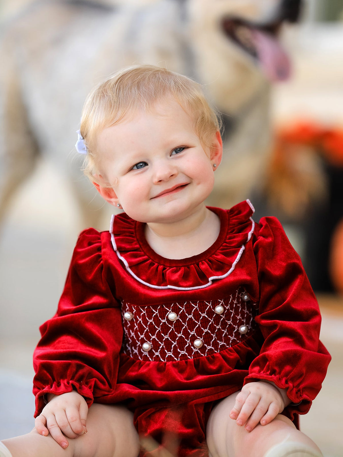 Christmas Velvet Smocked Baby Bubble Romper with Pearl Detail by Rylee Faith Designs