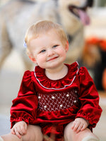 Christmas Velvet Smocked Baby Bubble Romper with Pearl Detail by Rylee Faith Designs
