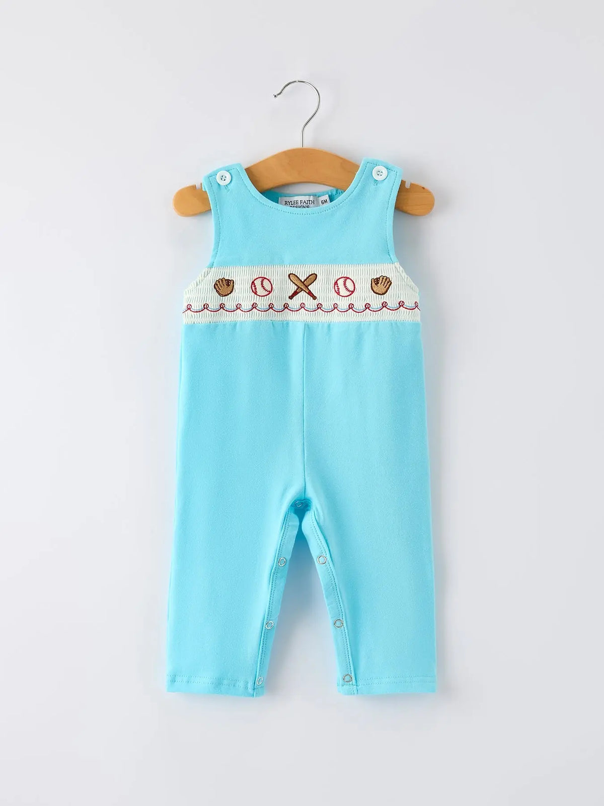 Rylee Faith Designs Baby Boy Baseball Romper – Blue Sleeveless Sports Outfit with Embroidery - 
