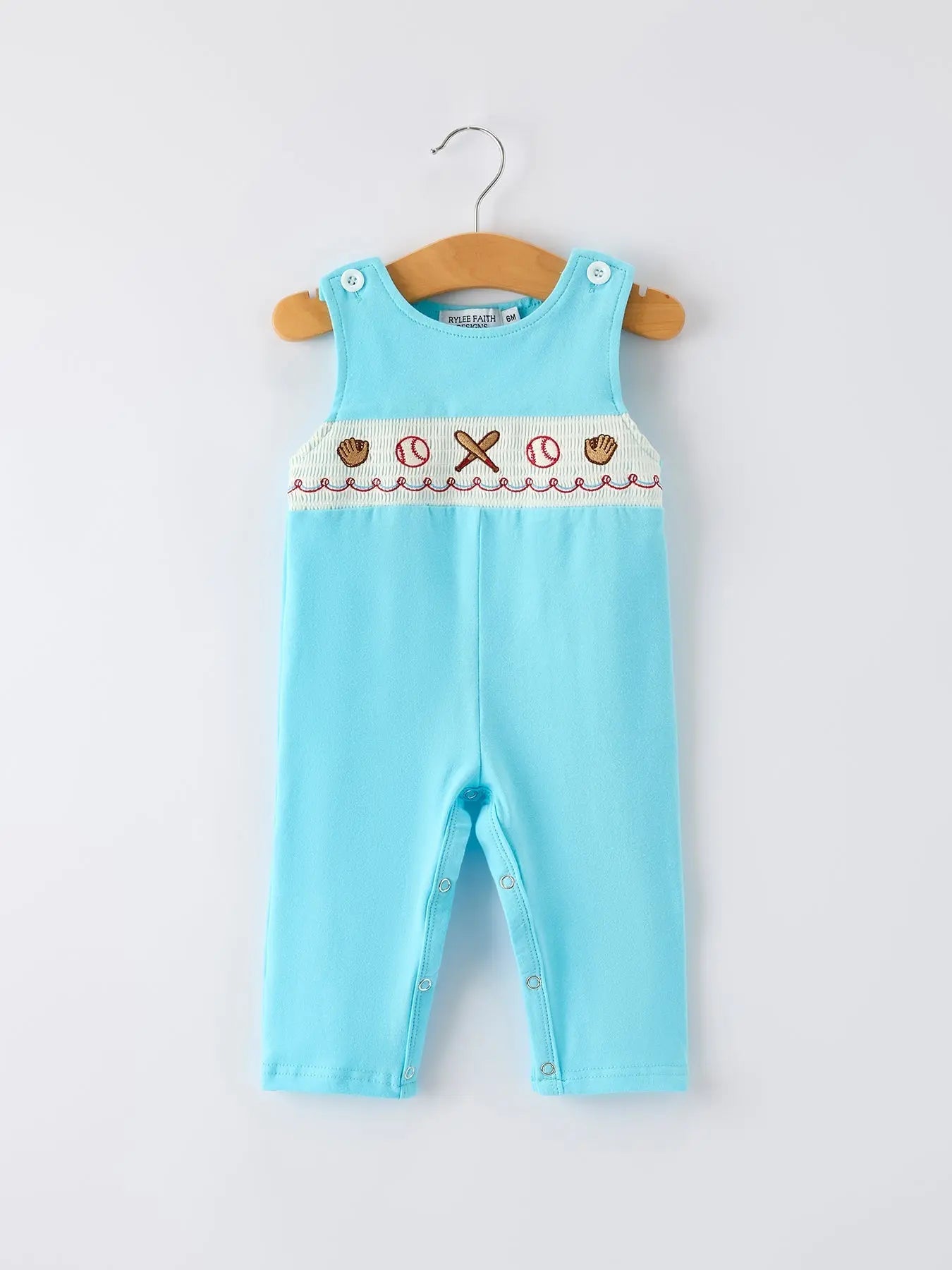 Rylee Faith Designs Baby Boy Baseball Romper – Blue Sleeveless Sports Outfit with Embroidery - 