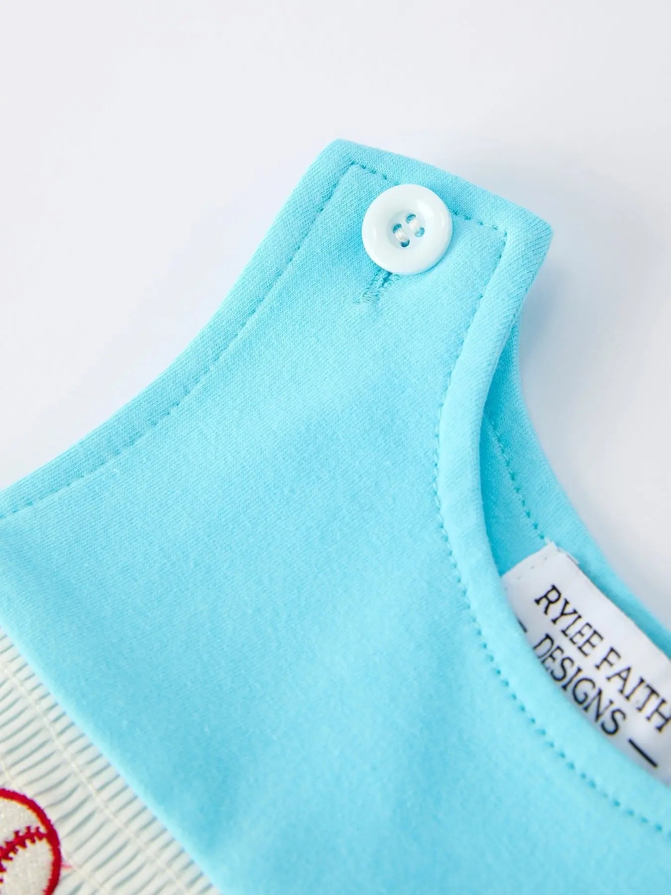 Rylee Faith Designs Baby Boy Baseball Romper – Blue Sleeveless Sports Outfit with Embroidery - 