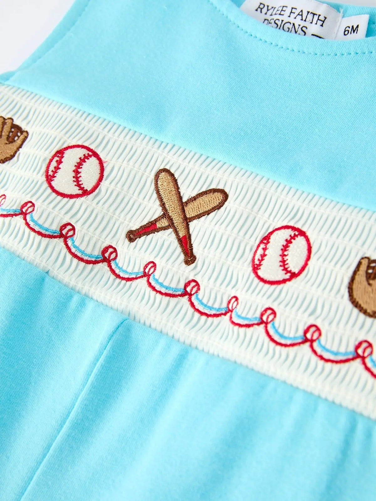 Rylee Faith Designs Baby Boy Baseball Romper – Blue Sleeveless Sports Outfit with Embroidery - 
