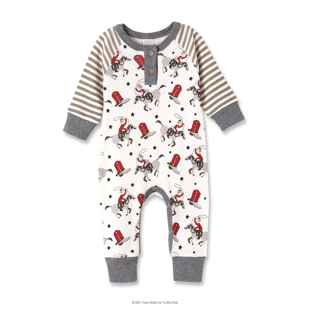 Baby Boy Cowboy Western Henley Bamboo Romper With Snaps Neck Guard Tesa Babe 