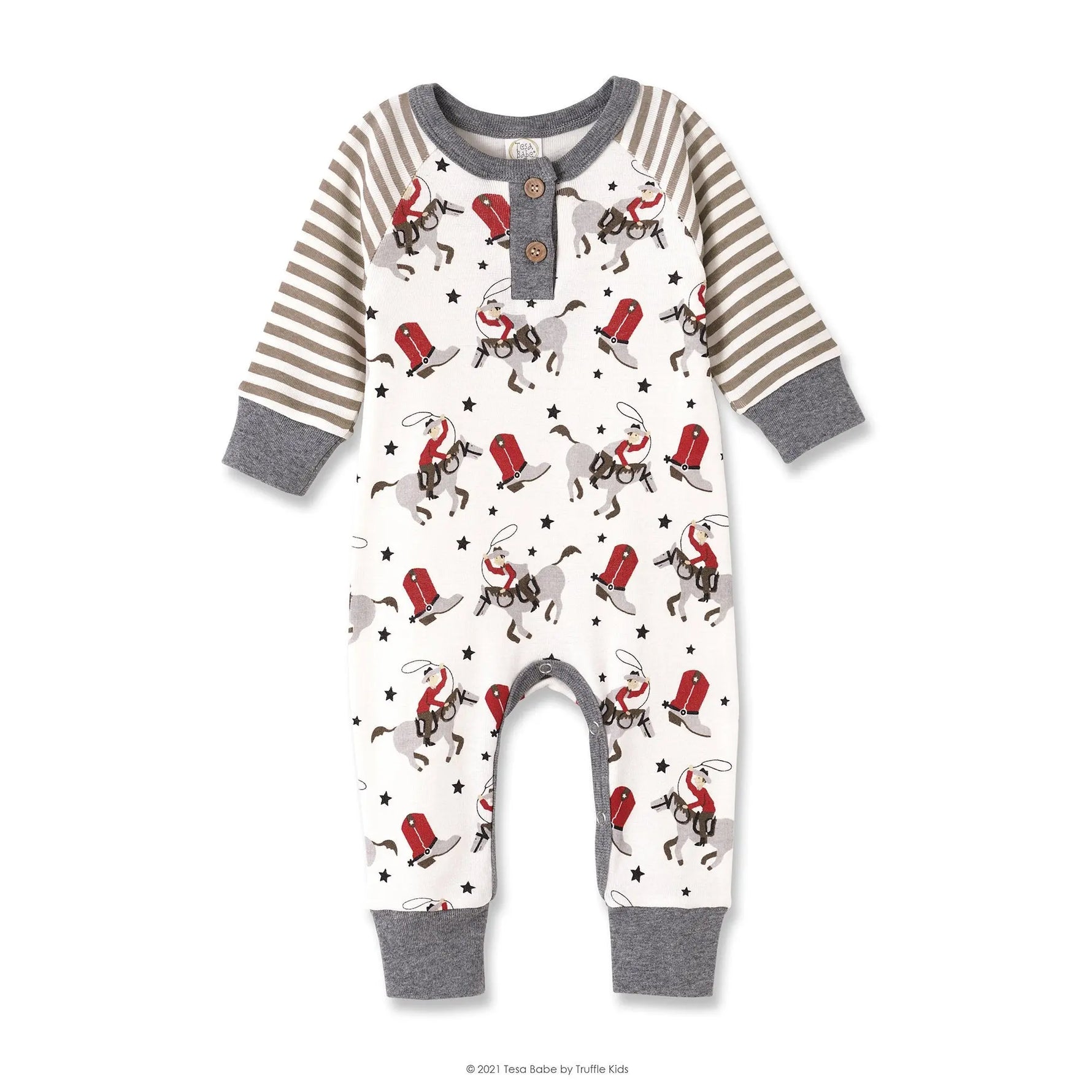 Baby Boy Cowboy Western Henley Bamboo Romper With Snaps Neck Guard Tesa Babe 