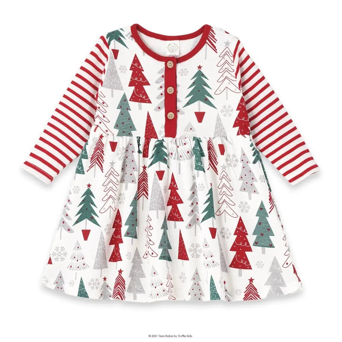 Tesa Babe Baby Girl Christmas Tree Henley Dress Red Stripe Sleeves - Everetts Place Boutique - 