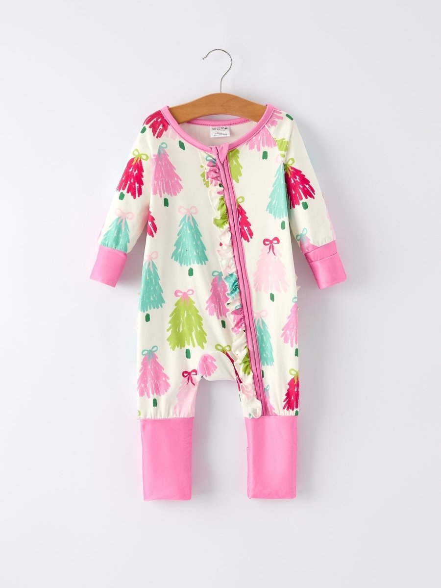 Rylee Faith Designs Baby Girl Christmas Tree Romper With Long Sleeves Festive - Everetts Place Boutique - 