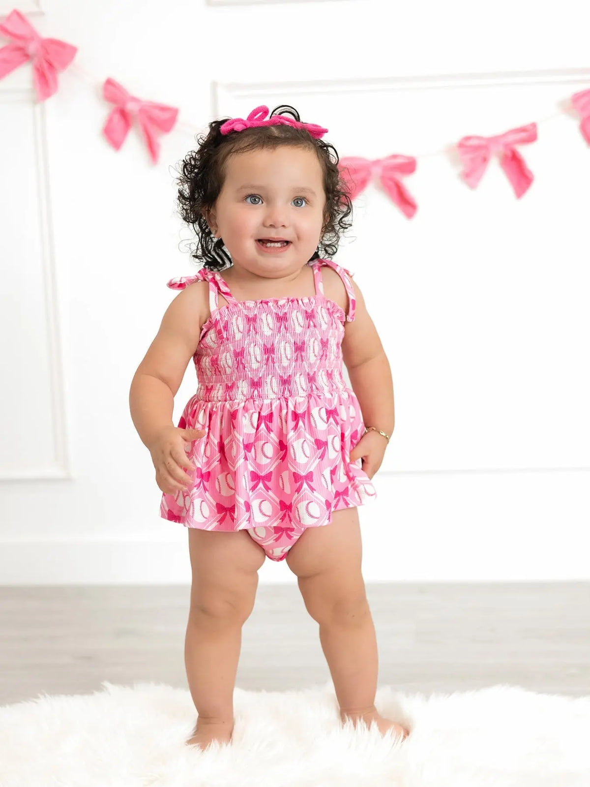 Rylee Faith Designs Baby Girl Pink Baseball Bow Print Romper Summer Outfit - 