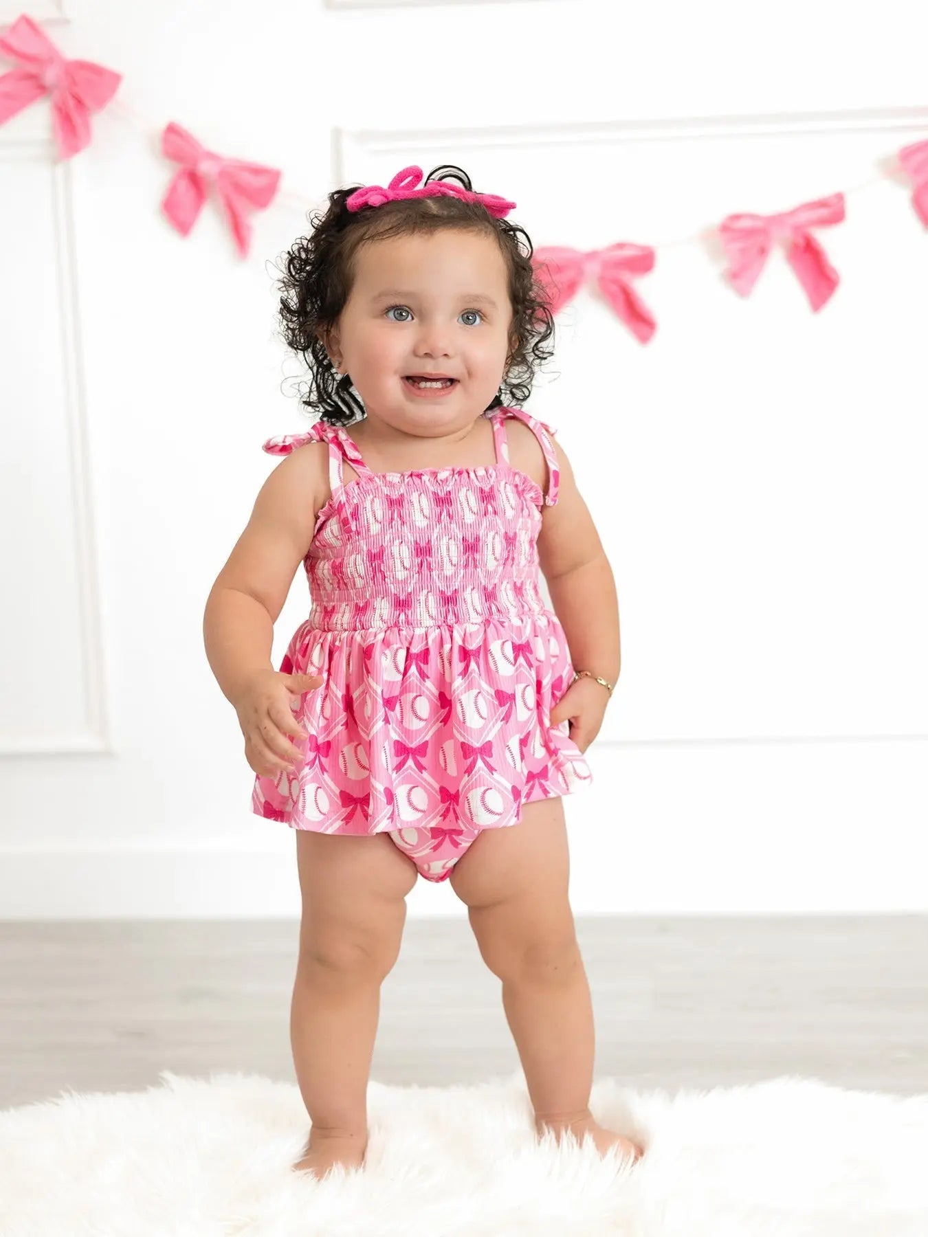 Rylee Faith Designs Baby Girl Pink Baseball Bow Print Romper Summer Outfit - 
