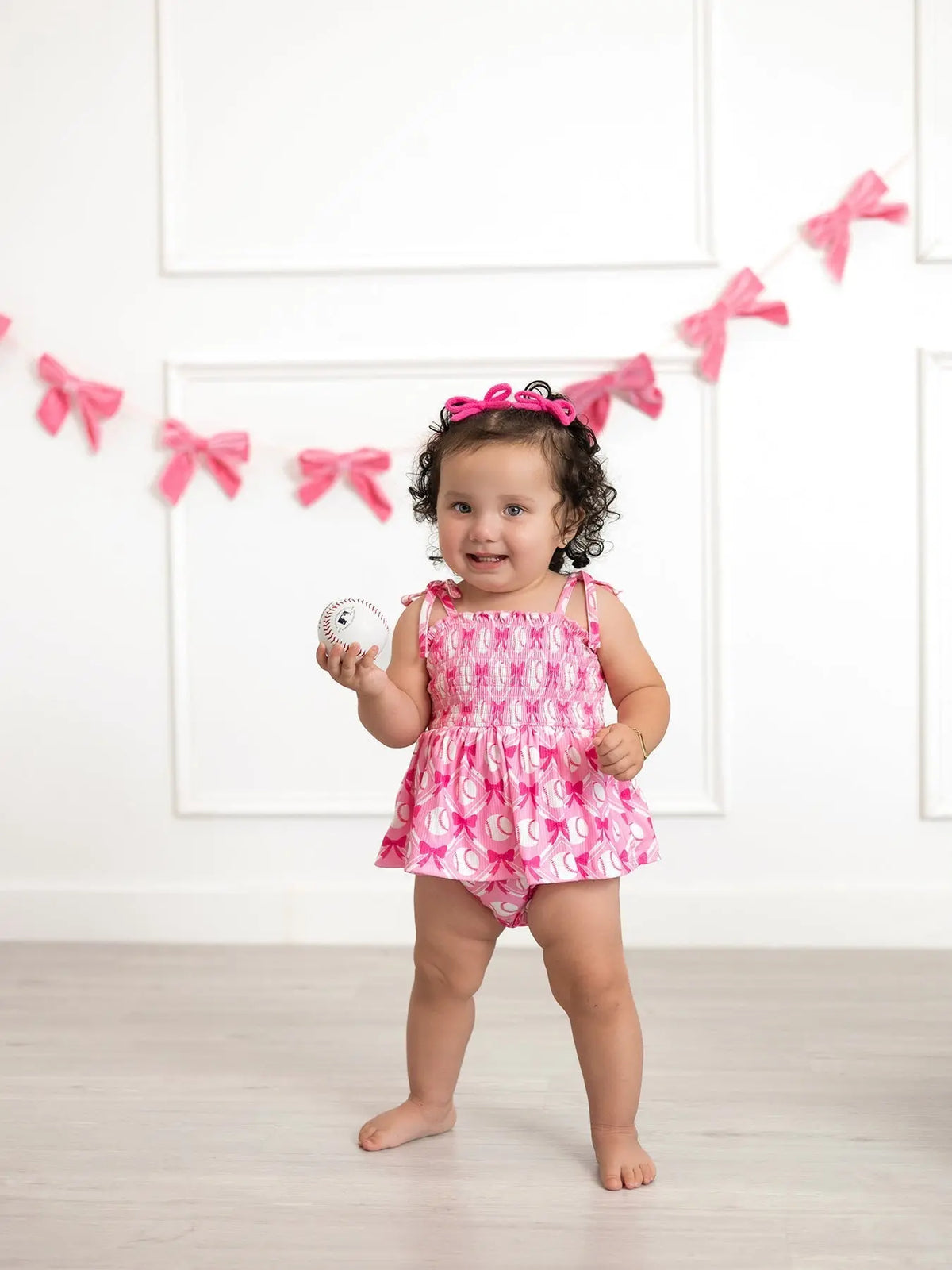 Rylee Faith Designs Baby Girl Pink Baseball Bow Print Romper Summer Outfit - 