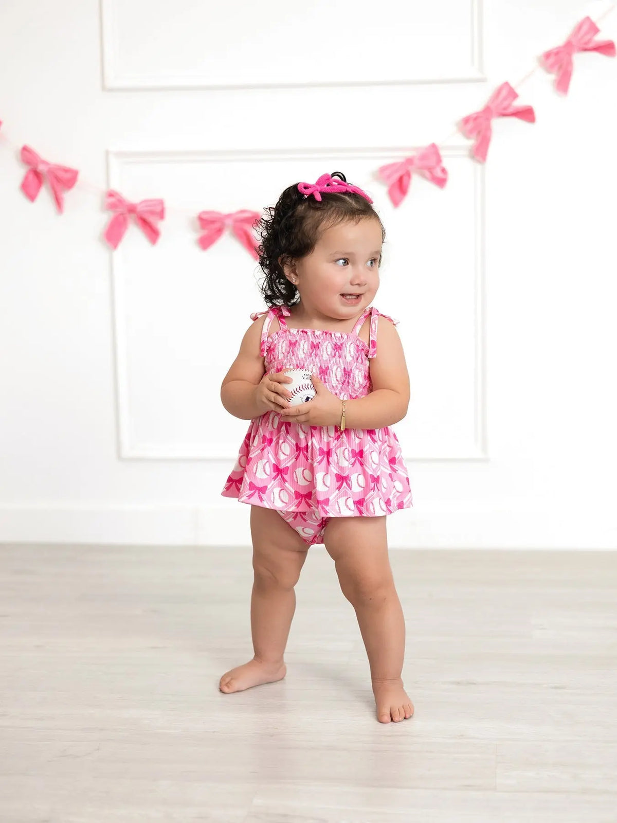 Rylee Faith Designs Baby Girl Pink Baseball Bow Print Romper Summer Outfit - 