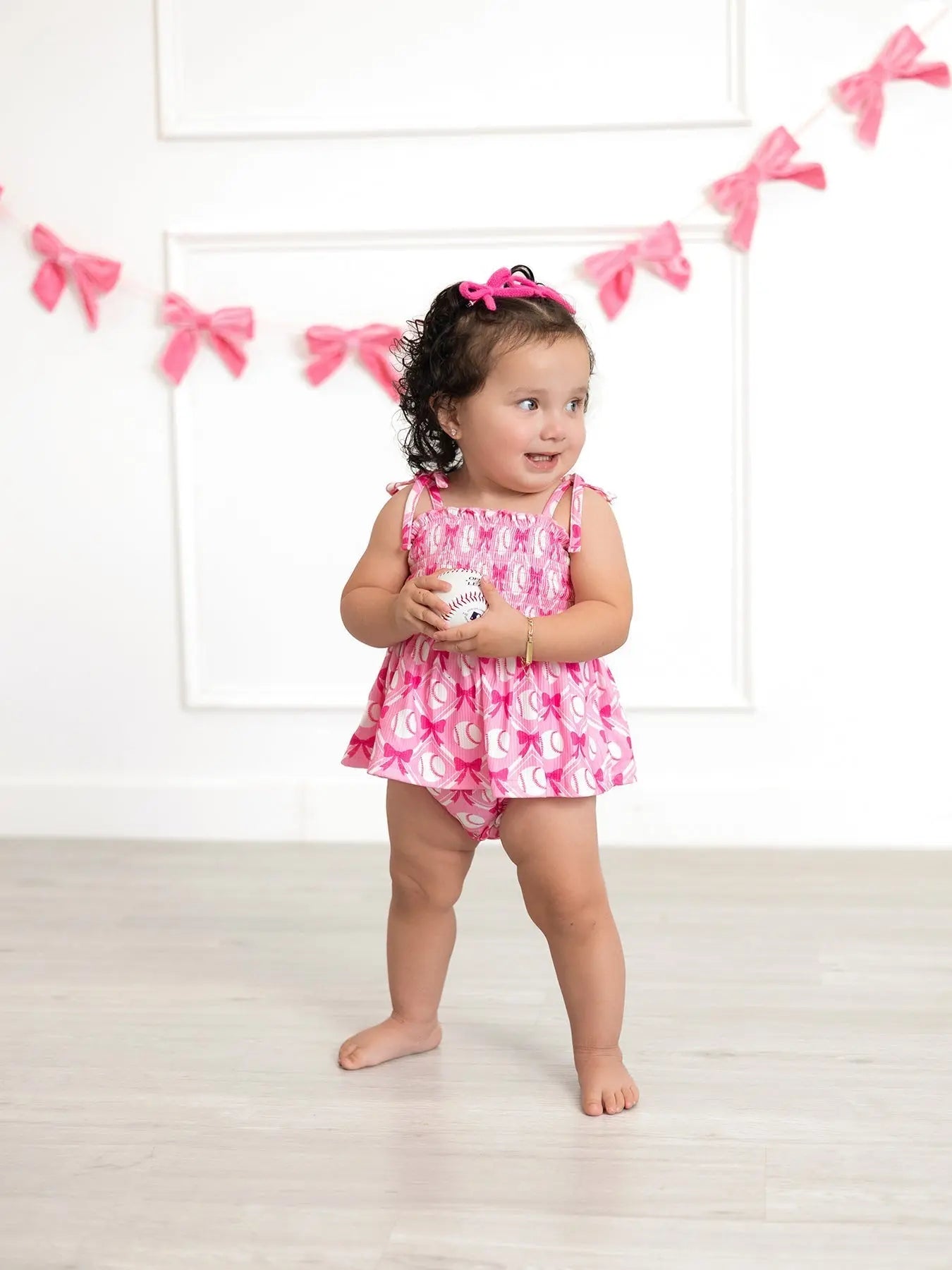 Rylee Faith Designs Baby Girl Pink Baseball Bow Print Romper Summer Outfit - 