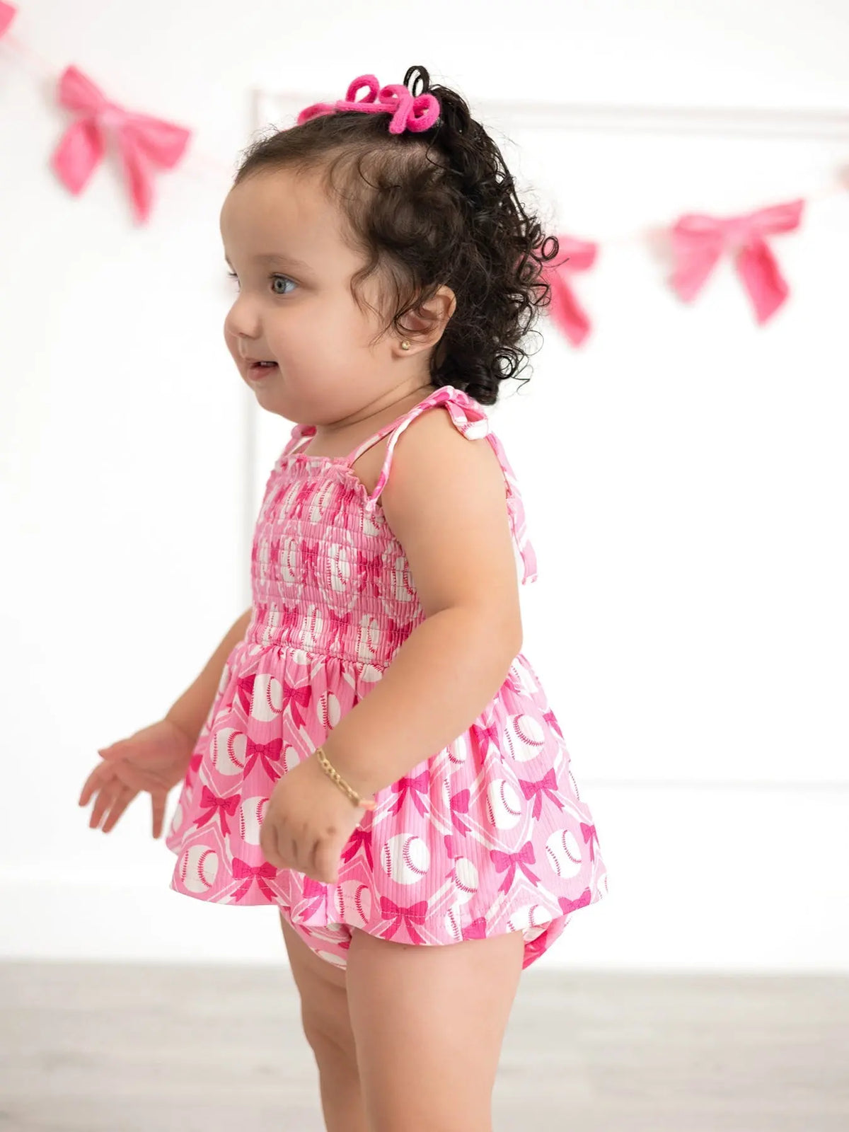 Rylee Faith Designs Baby Girl Pink Baseball Bow Print Romper Summer Outfit - 