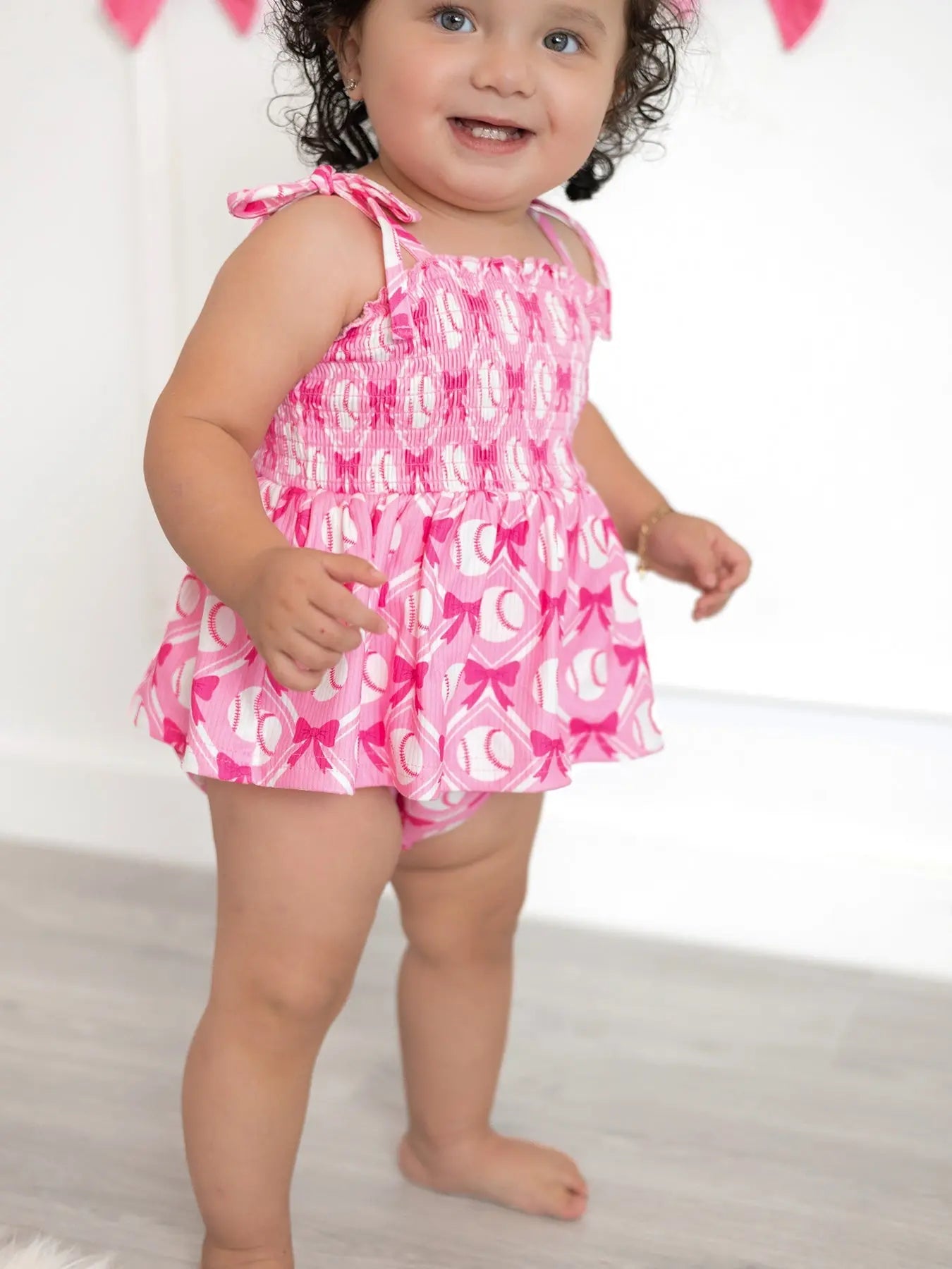 Rylee Faith Designs Baby Girl Pink Baseball Bow Print Romper Summer Outfit - 