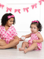 Rylee Faith Designs Baby Girl Pink Baseball Bow Print Romper Summer Outfit - 