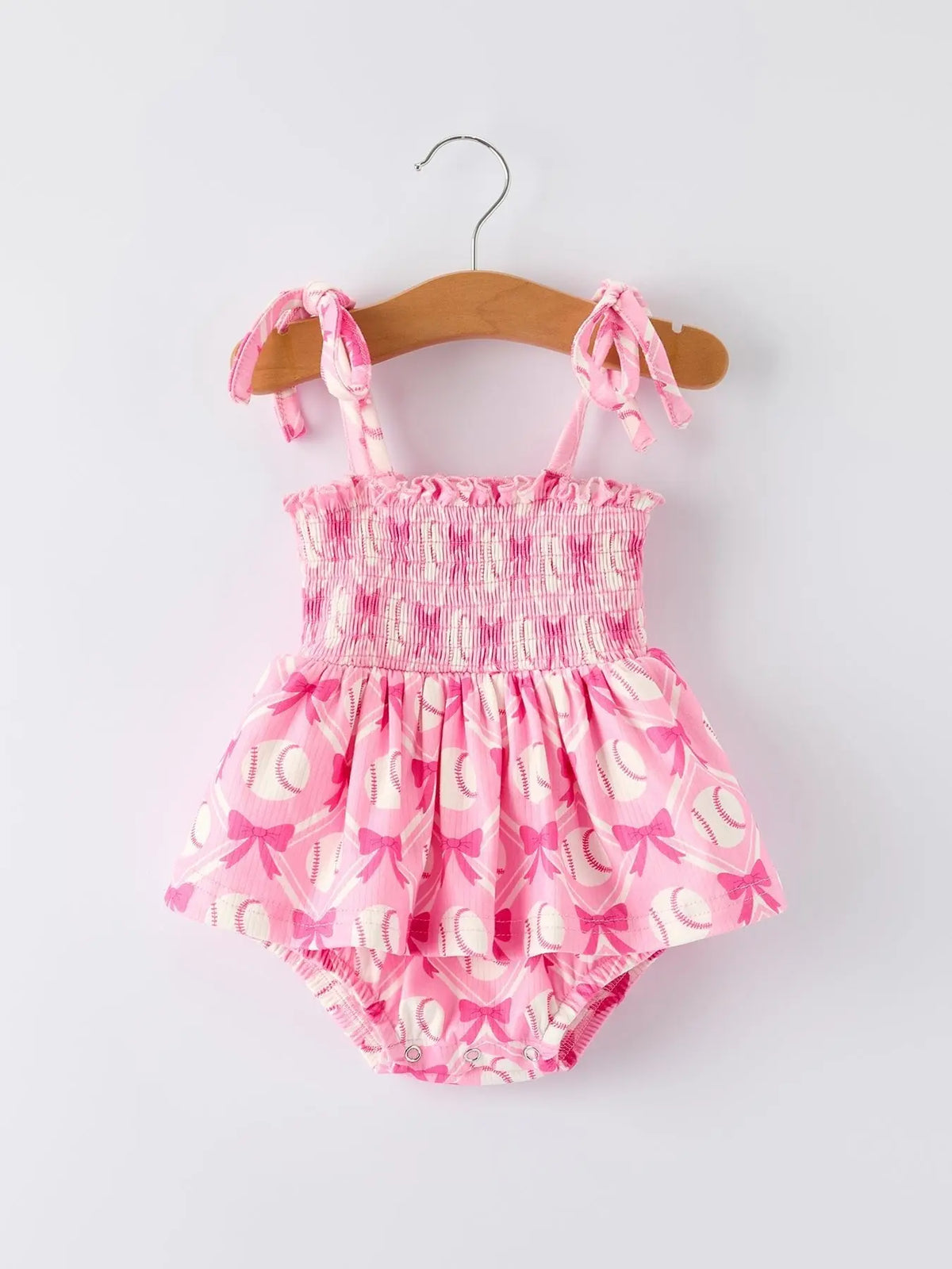 Rylee Faith Designs Baby Girl Pink Baseball Bow Print Romper Summer Outfit - 