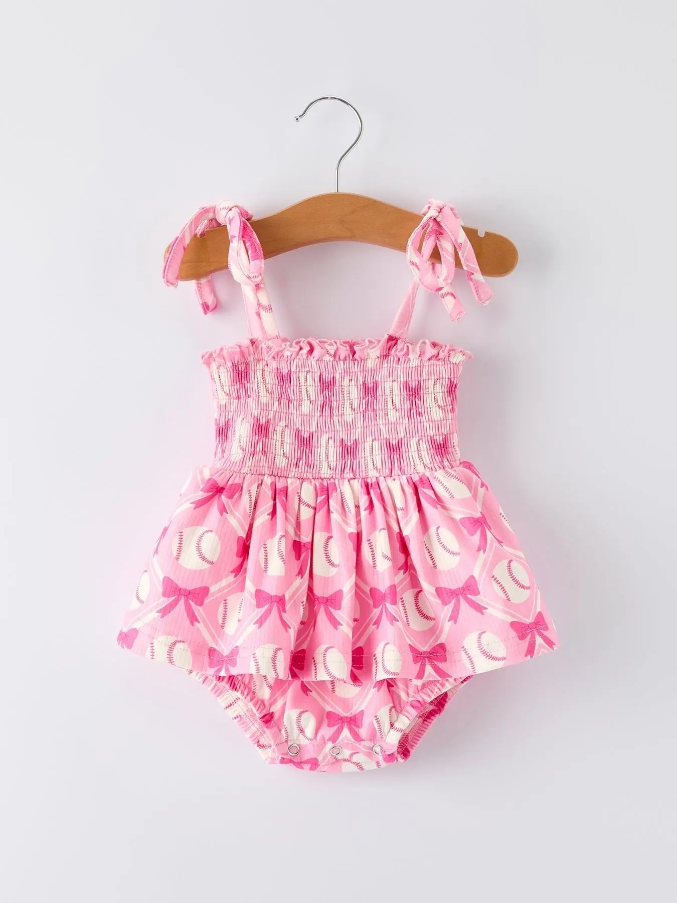 Rylee Faith Designs Baby Girl Pink Baseball Bow Print Romper Summer Outfit - 