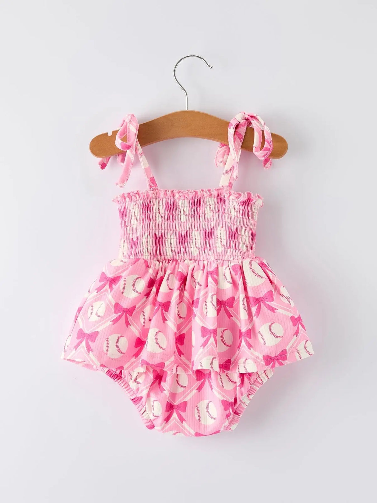 Rylee Faith Designs Baby Girl Pink Baseball Bow Print Romper Summer Outfit - 