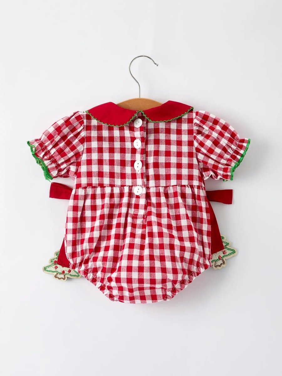 Baby Girls Christmas Romper Red Plaid Tree Bow Accents Rylee Faith Designs Everetts Place Boutique